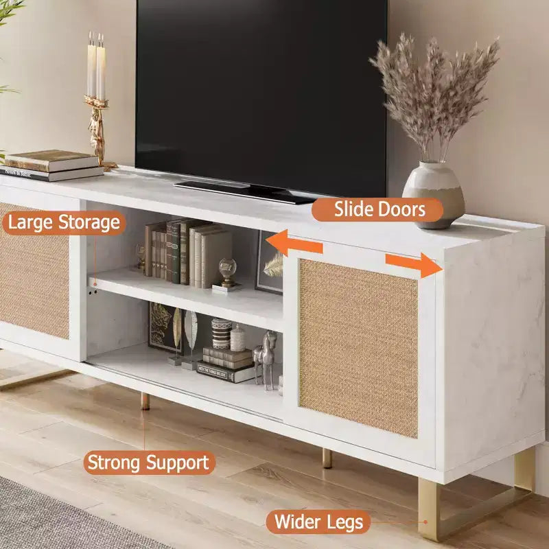Mobile TV in rattan bianco con contenitore, adatto per TV fino a 65", montaggio da 1 a 2 persone