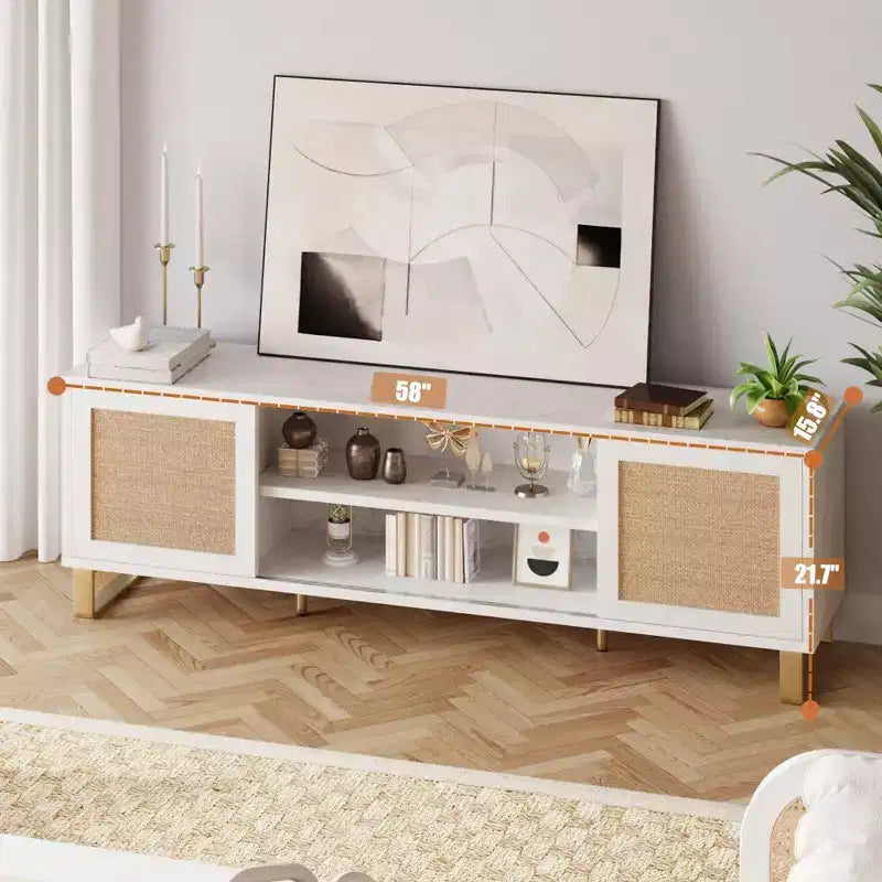 Mobile TV in rattan bianco con contenitore, adatto per TV fino a 65", montaggio da 1 a 2 persone