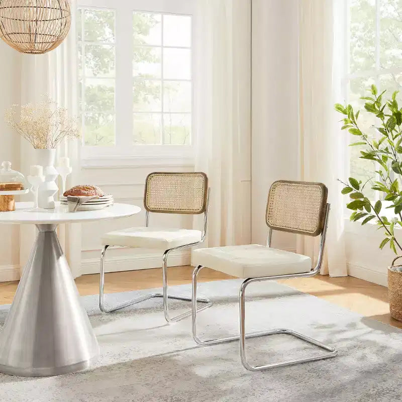 Sedia da pranzo senza braccioli con schienale in similpelle grigio/bianco sporco e canna, set da 2