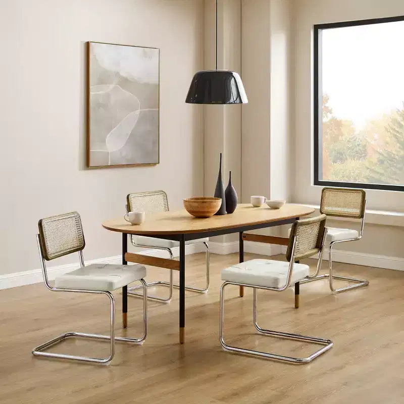 Sedia da pranzo senza braccioli con schienale in similpelle grigio/bianco sporco e canna, set da 2