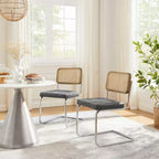 Sedia da pranzo senza braccioli con schienale in similpelle grigio/bianco sporco e canna, set da 2