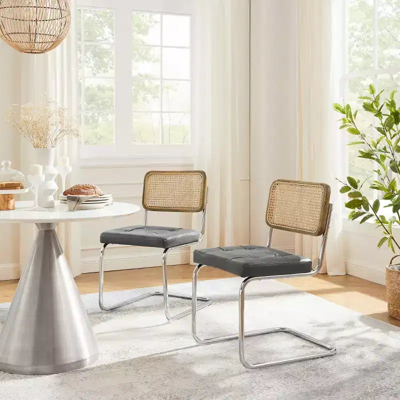 Sedia da pranzo senza braccioli con schienale in similpelle grigio/bianco sporco e canna, set da 2