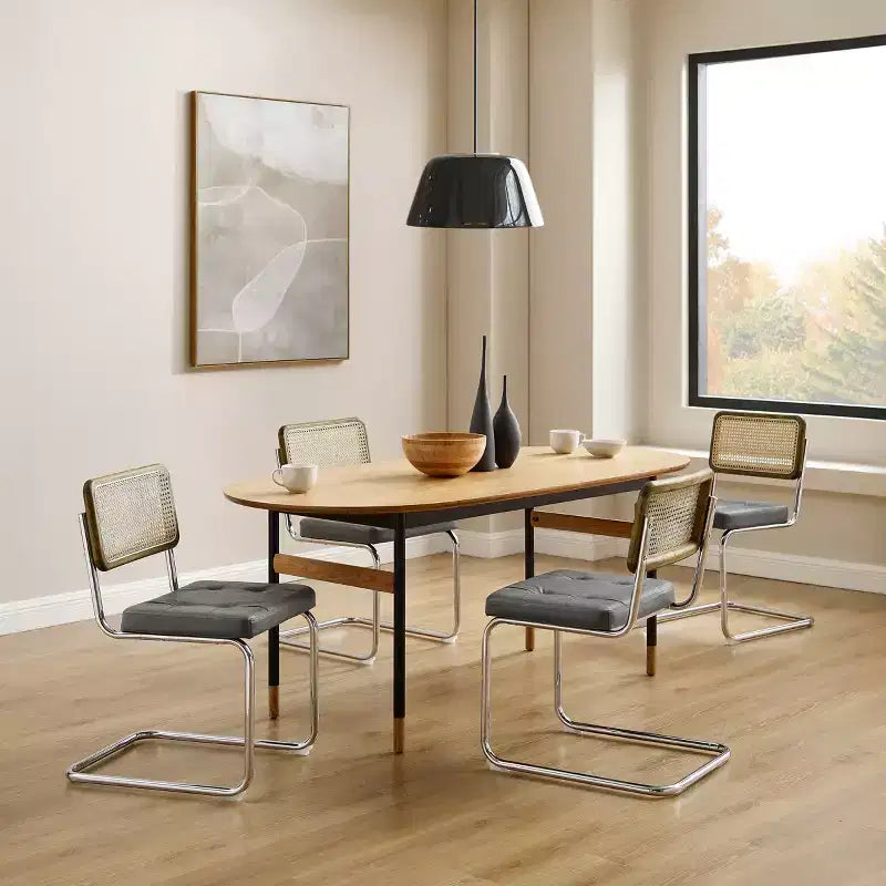 Sedia da pranzo senza braccioli con schienale in similpelle grigio/bianco sporco e canna, set da 2