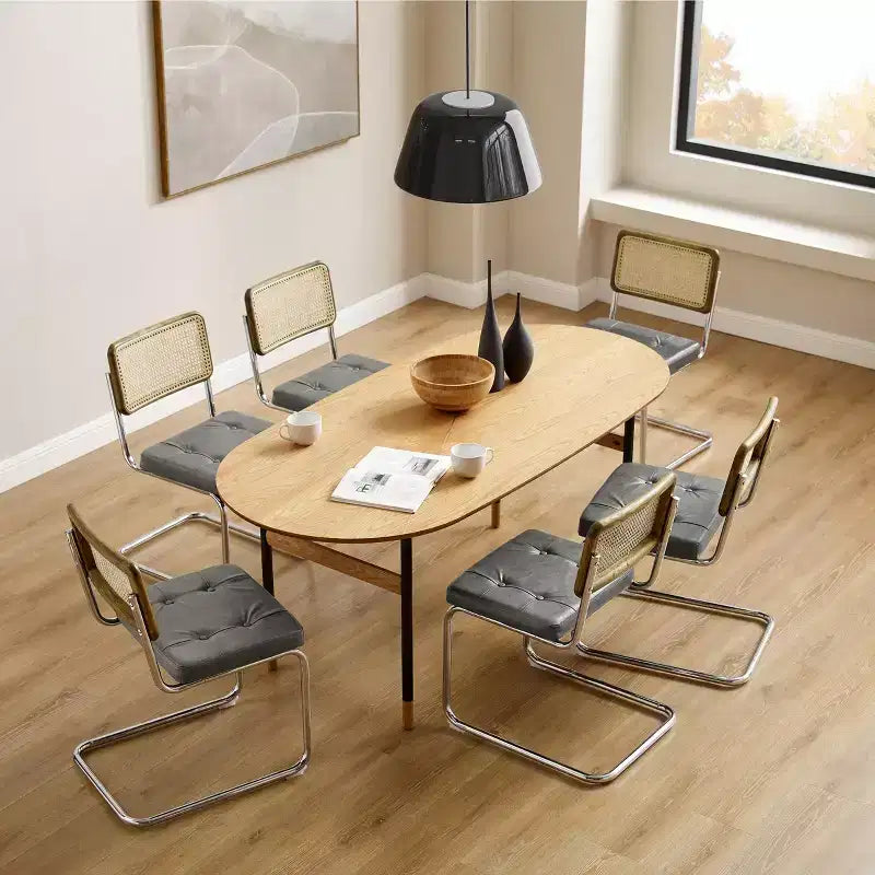 Sedia da pranzo senza braccioli con schienale in similpelle grigio/bianco sporco e canna, set da 2