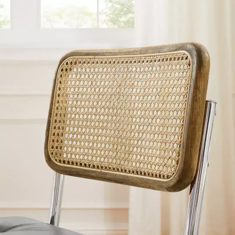 Sedia da pranzo senza braccioli con schienale in similpelle grigio/bianco sporco e canna, set da 2
