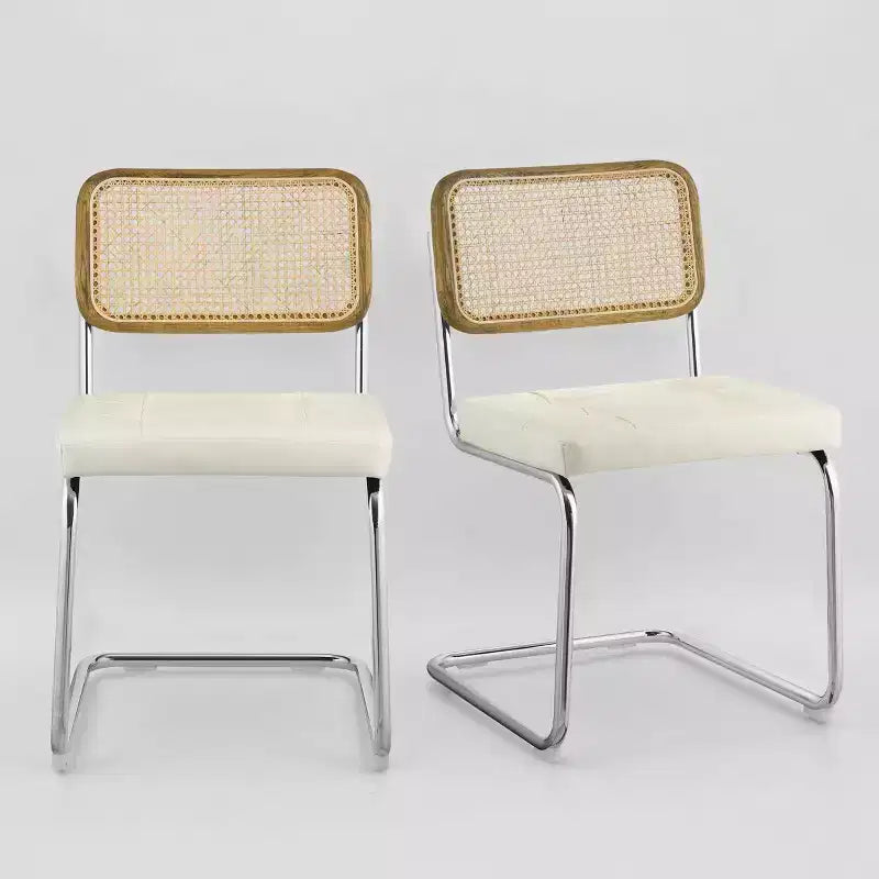 Sedia da pranzo senza braccioli con schienale in similpelle grigio/bianco sporco e canna, set da 2