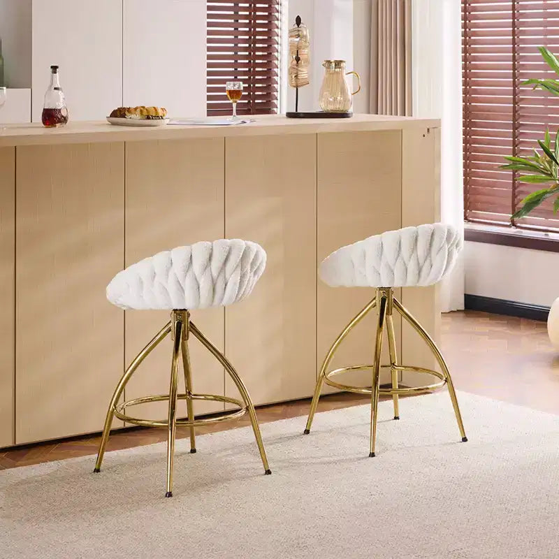 Sgabelli da bar girevoli in pile Teddy bianco, gambe dorate, set da 2