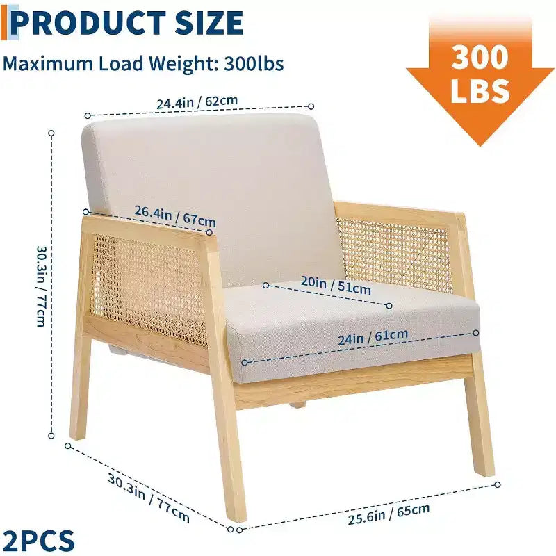 Due Poltrone Accent Beige, Stile Moderno di Metà Secolo, Schienale in Rattan e Cuscino in Lino