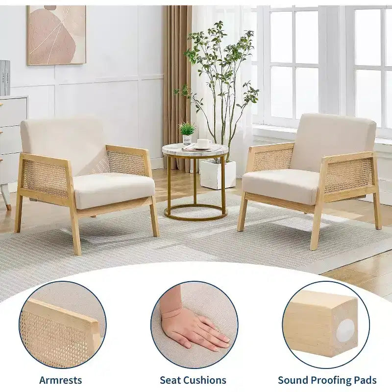 Due Poltrone Accent Beige, Stile Moderno di Metà Secolo, Schienale in Rattan e Cuscino in Lino
