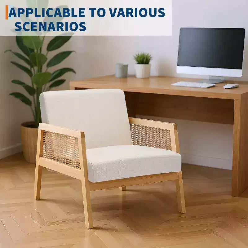 Due Poltrone Accent Beige, Stile Moderno di Metà Secolo, Schienale in Rattan e Cuscino in Lino