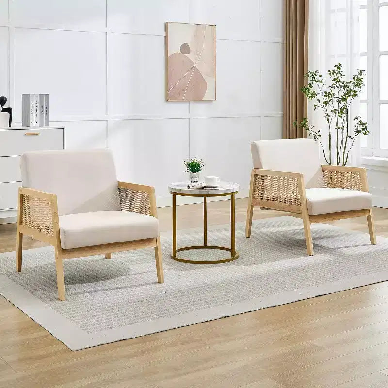 Due Poltrone Accent Beige, Stile Moderno di Metà Secolo, Schienale in Rattan e Cuscino in Lino