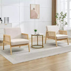 Due Poltrone Accent Beige, Stile Moderno di Metà Secolo, Schienale in Rattan e Cuscino in Lino