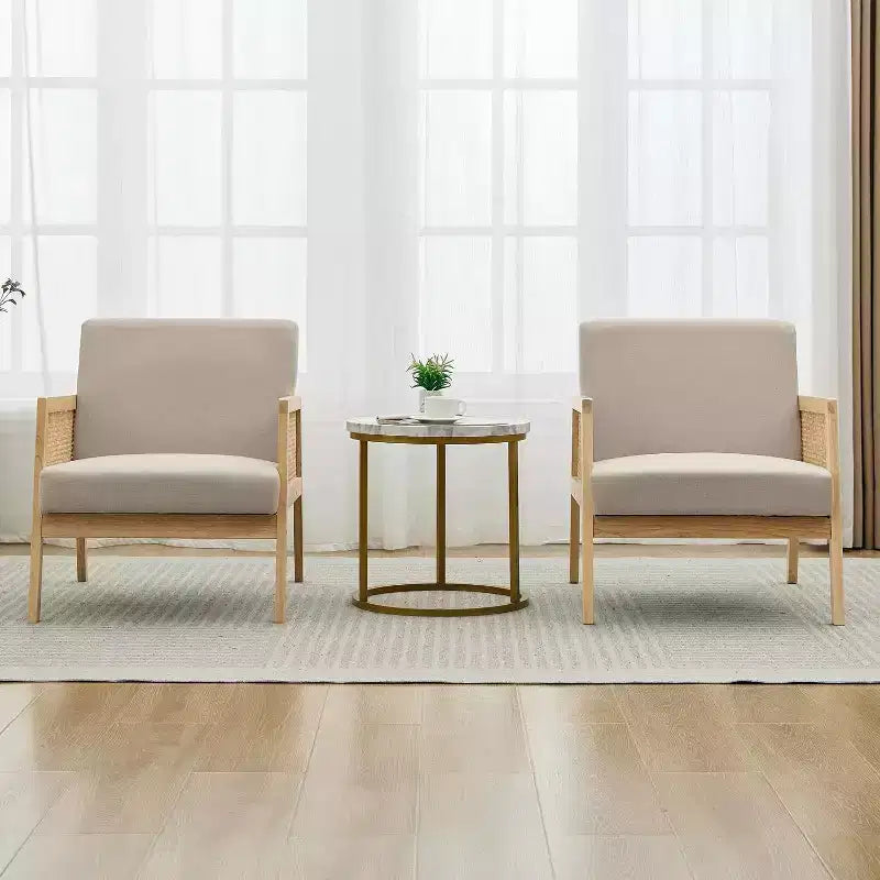 Due Poltrone Accent Beige, Stile Moderno di Metà Secolo, Schienale in Rattan e Cuscino in Lino