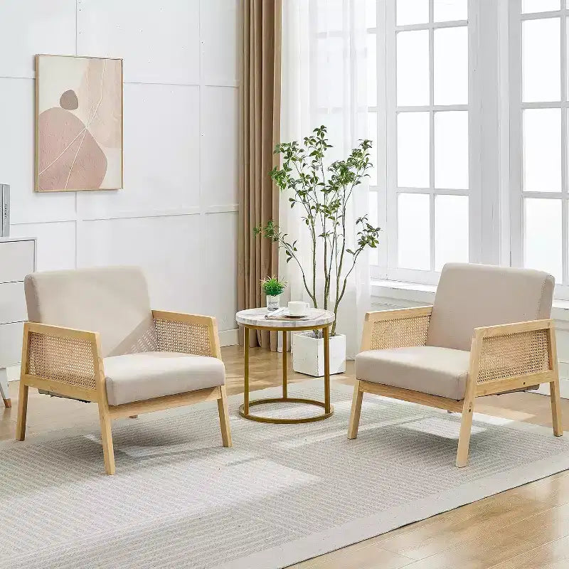 Due Poltrone Accent Beige, Stile Moderno di Metà Secolo, Schienale in Rattan e Cuscino in Lino