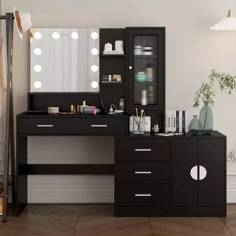 Tavolo da Trucco Illuminato Bianco/Nero con Cassetti, Monoposto