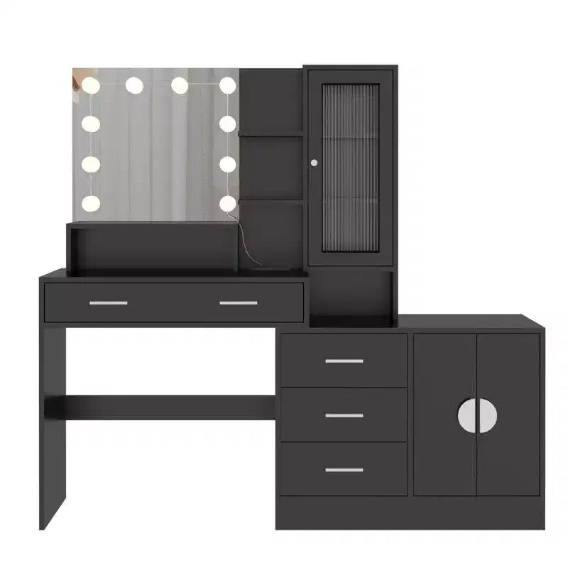 Tavolo da Trucco Illuminato Bianco/Nero con Cassetti, Monoposto