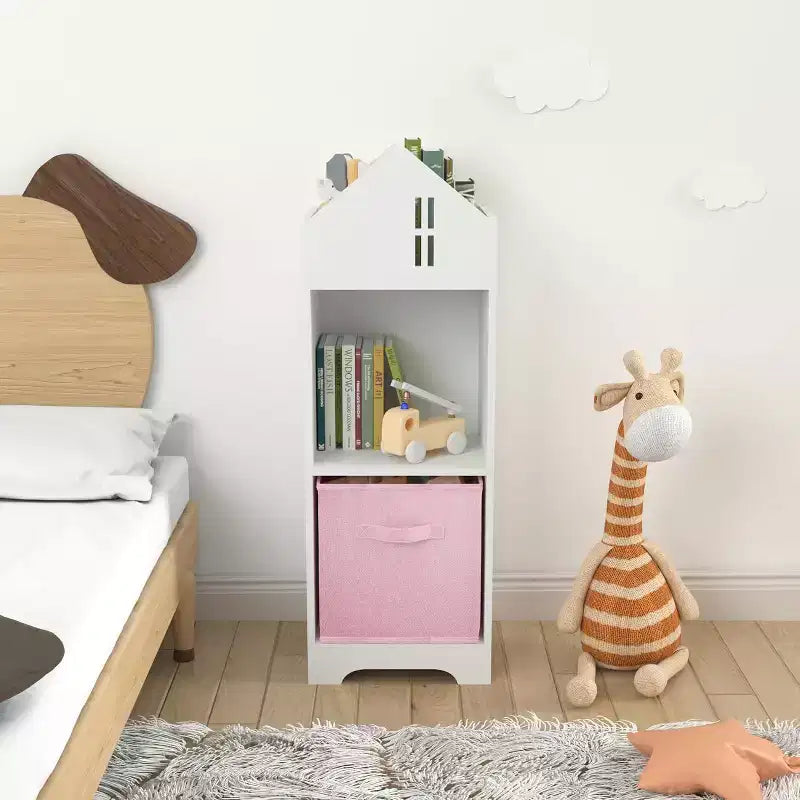 Libreria per bambini bianca e grigia, a 2 ripiani con 1 cassetto in tessuto, per 1 bambino