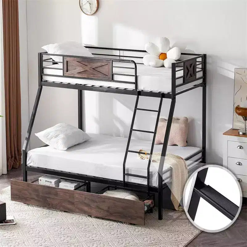 Letto a Castello in Metallo Nero a Due Piazze con Cassetti Contenitore, per 2 Posti Letto