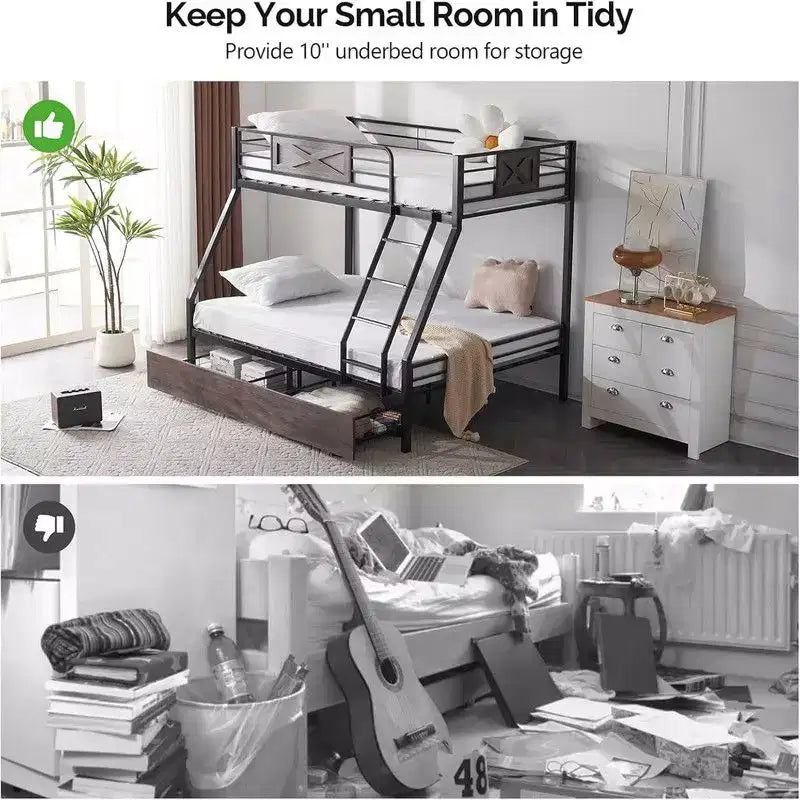 Letto a Castello in Metallo Nero a Due Piazze con Cassetti Contenitore, per 2 Posti Letto
