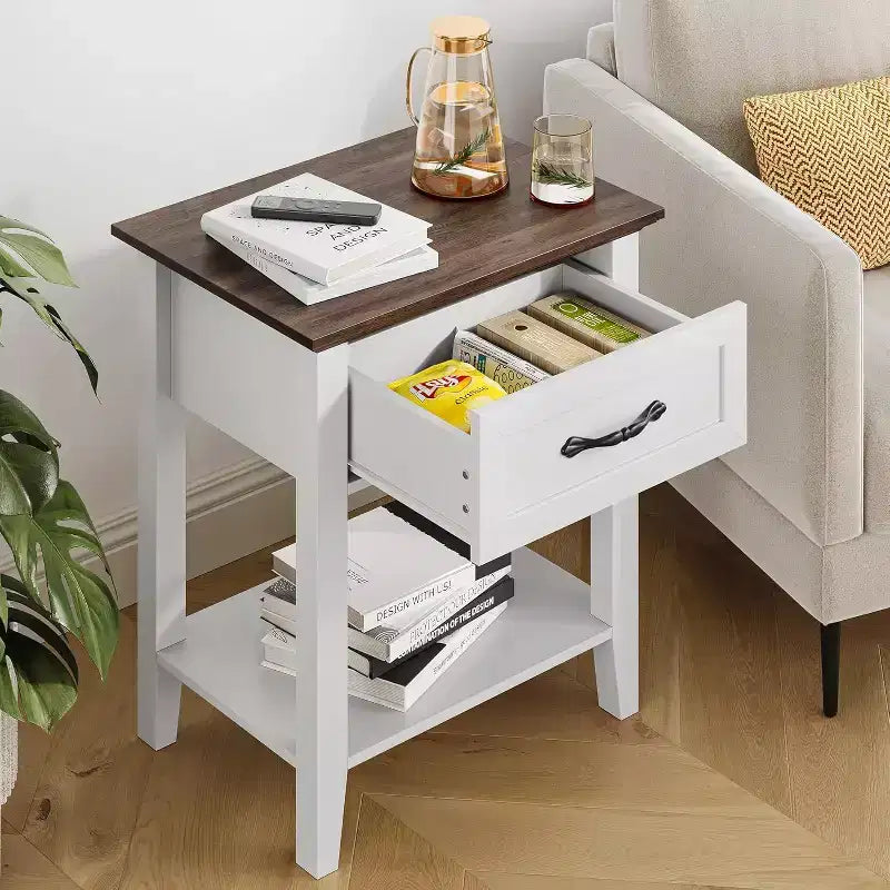 Comodino a 2 livelli con cassetto, grigio/bianco, singolo, tavolino con ripiano aperto