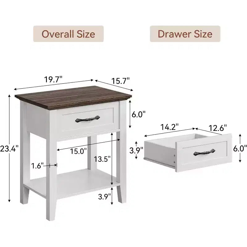 Comodino a 2 livelli con cassetto, grigio/bianco, singolo, tavolino con ripiano aperto