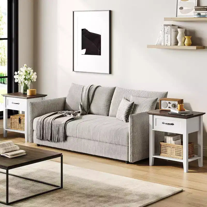 Comodino a 2 livelli con cassetto, grigio/bianco, singolo, tavolino con ripiano aperto