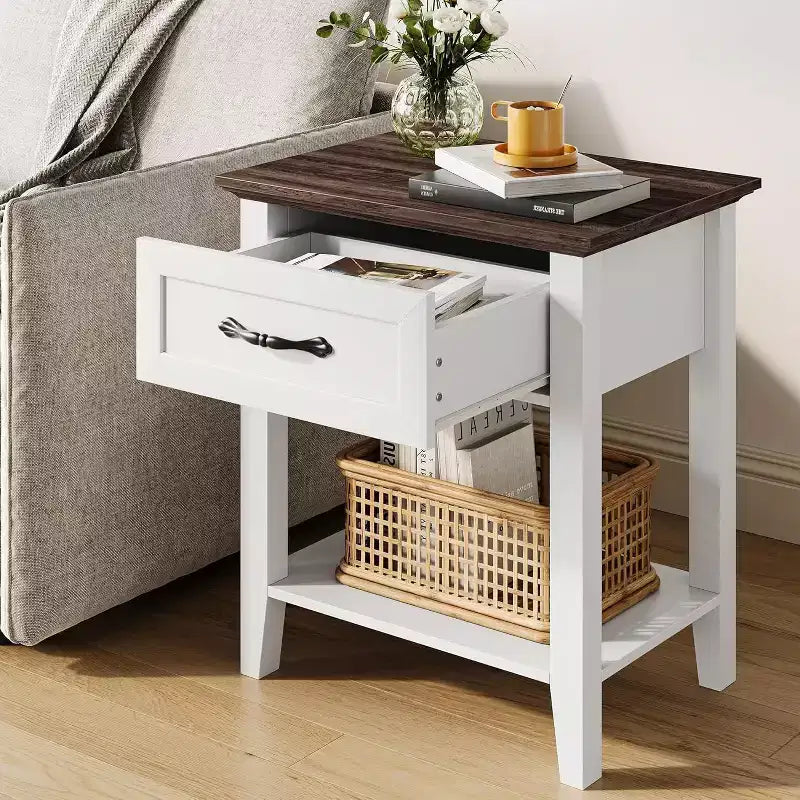 Comodino a 2 livelli con cassetto, grigio/bianco, singolo, tavolino con ripiano aperto