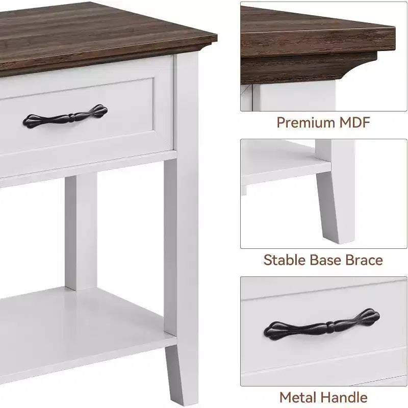 Comodino a 2 livelli con cassetto, grigio/bianco, singolo, tavolino con ripiano aperto