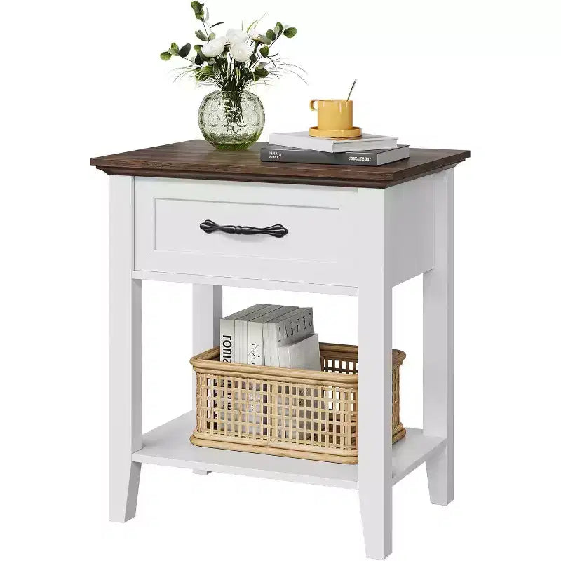 Comodino a 2 livelli con cassetto, grigio/bianco, singolo, tavolino con ripiano aperto