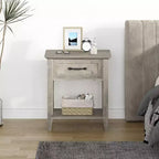 Comodino a 2 livelli con cassetto, grigio/bianco, singolo, tavolino con ripiano aperto