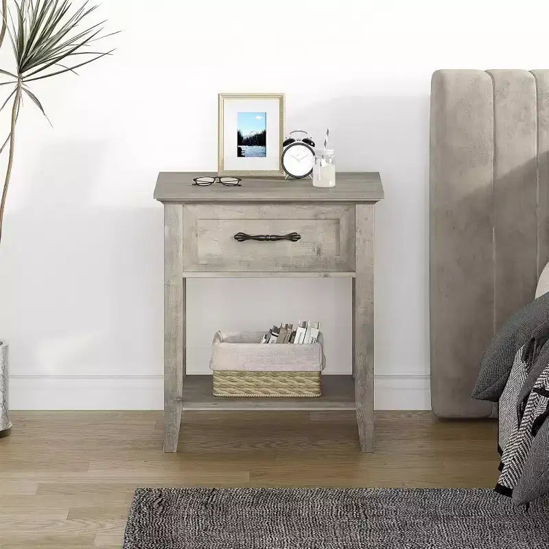 Comodino a 2 livelli con cassetto, grigio/bianco, singolo, tavolino con ripiano aperto