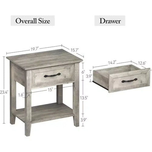 Comodino a 2 livelli con cassetto, grigio/bianco, singolo, tavolino con ripiano aperto