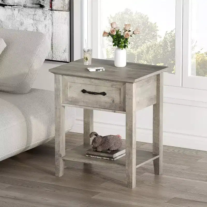 Comodino a 2 livelli con cassetto, grigio/bianco, singolo, tavolino con ripiano aperto
