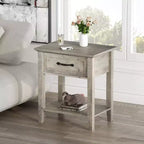 Comodino a 2 livelli con cassetto, grigio/bianco, singolo, tavolino con ripiano aperto