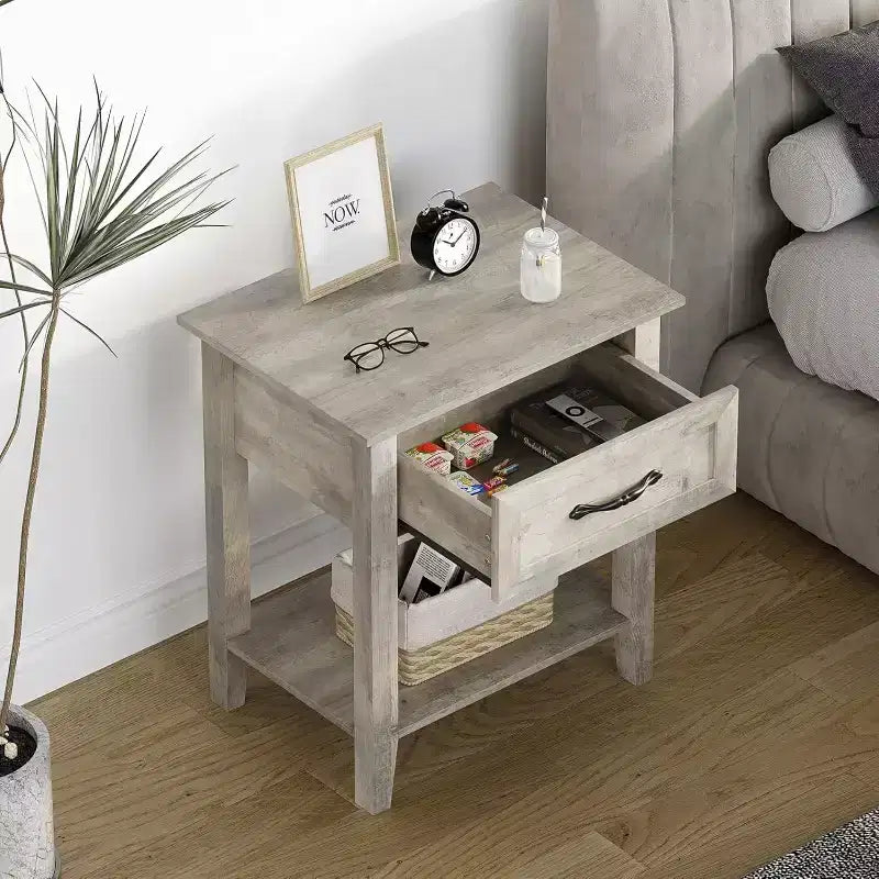 Comodino a 2 livelli con cassetto, grigio/bianco, singolo, tavolino con ripiano aperto