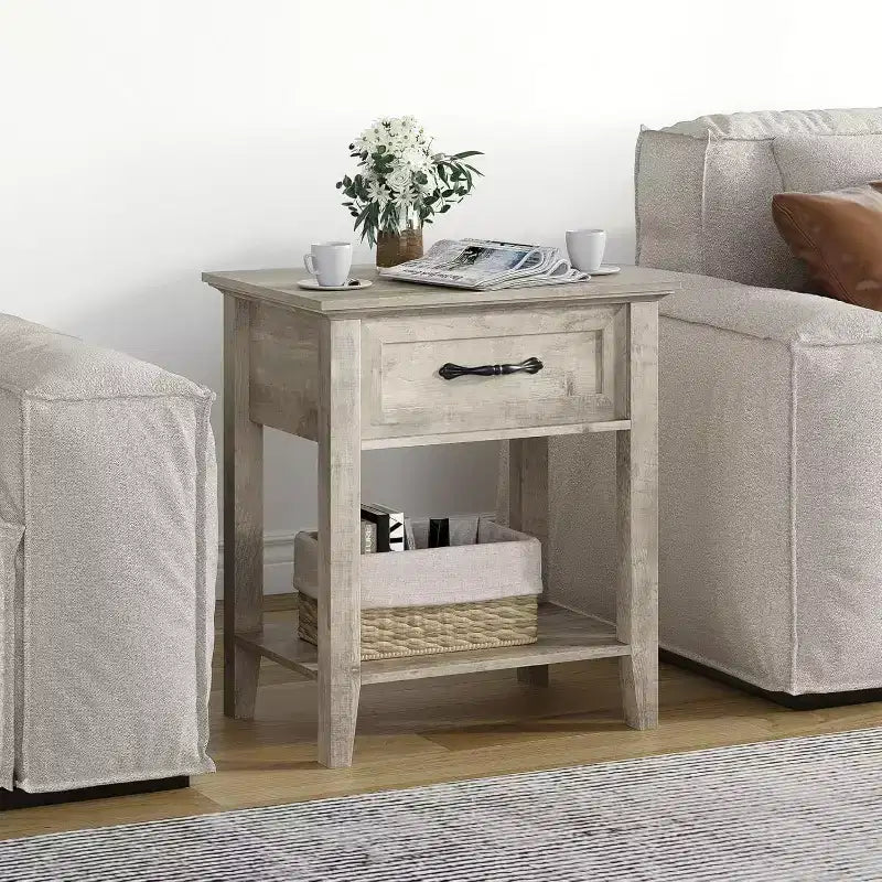 Comodino a 2 livelli con cassetto, grigio/bianco, singolo, tavolino con ripiano aperto