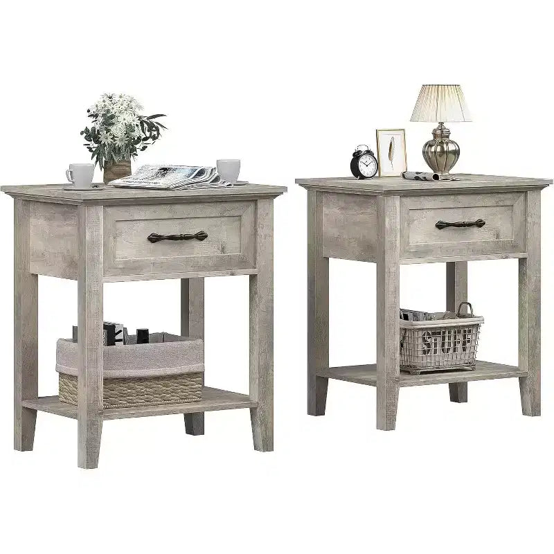 Comodino a 2 livelli con cassetto, grigio/bianco, singolo, tavolino con ripiano aperto