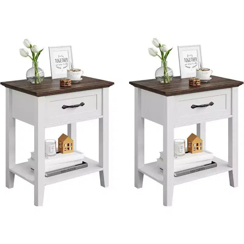 Comodino a 2 livelli con cassetto, grigio/bianco, singolo, tavolino con ripiano aperto