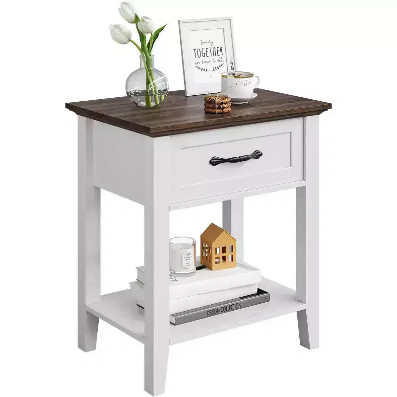 Comodino a 2 livelli con cassetto, grigio/bianco, singolo, tavolino con ripiano aperto