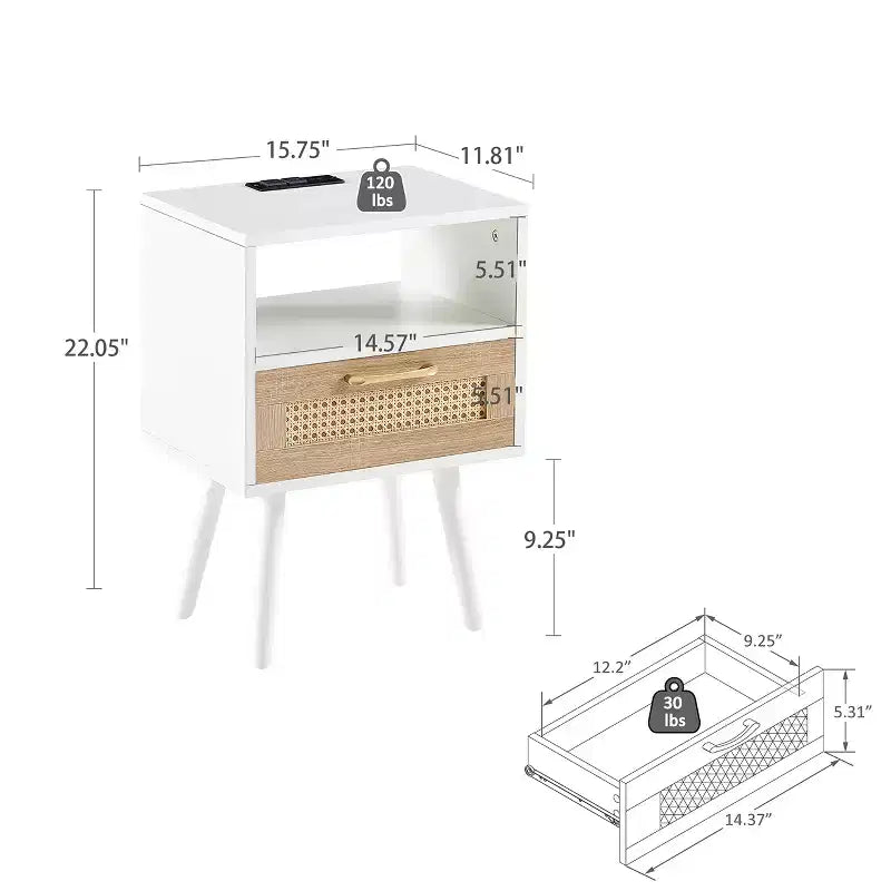 Comodino Bianco in Rattan con Cassetto e Porte di Ricarica USB – 1 Persona