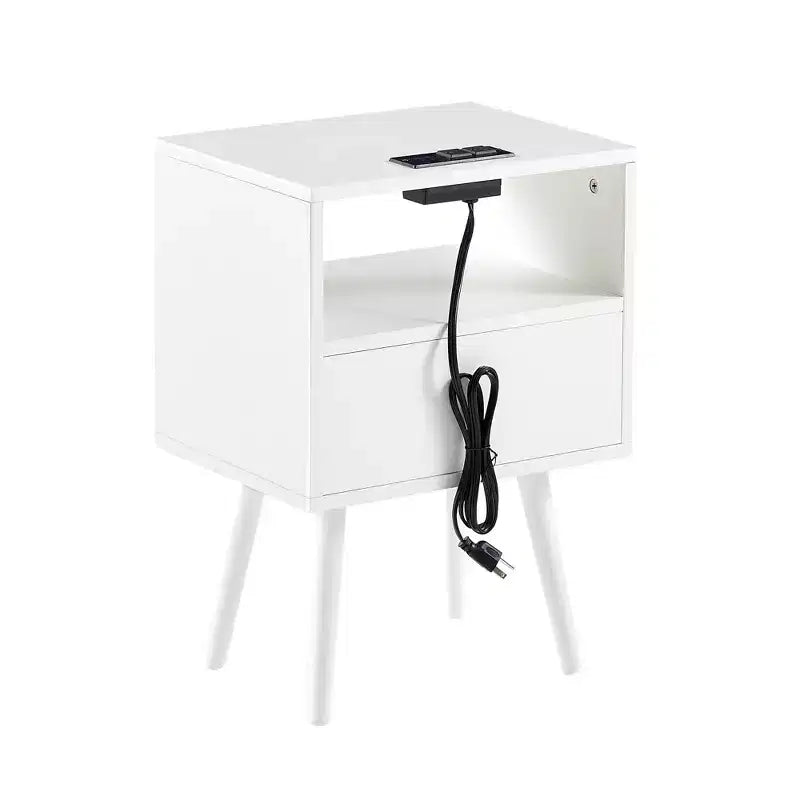 Comodino Bianco in Rattan con Cassetto e Porte di Ricarica USB – 1 Persona