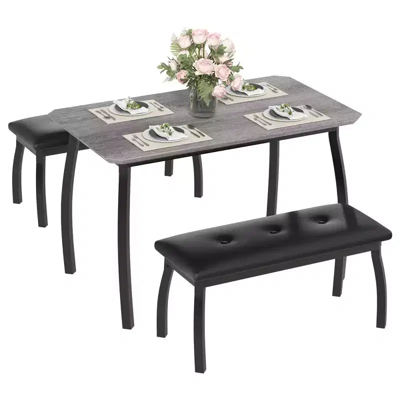 Set da Pranzo 3 Pezzi con 2 Panche, Colore Nero / Grigio / Retro, 4 Posti a Sedere