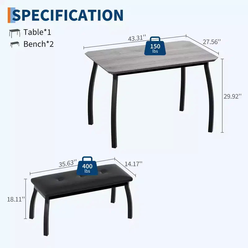 Set da Pranzo 3 Pezzi con 2 Panche, Colore Nero / Grigio / Retro, 4 Posti a Sedere