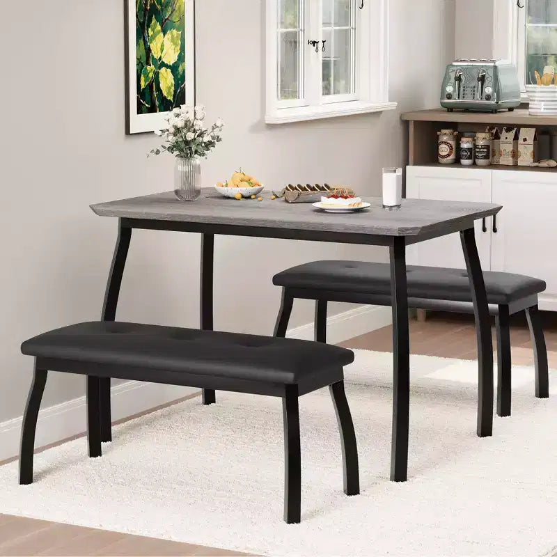 Set da Pranzo 3 Pezzi con 2 Panche, Colore Nero / Grigio / Retro, 4 Posti a Sedere