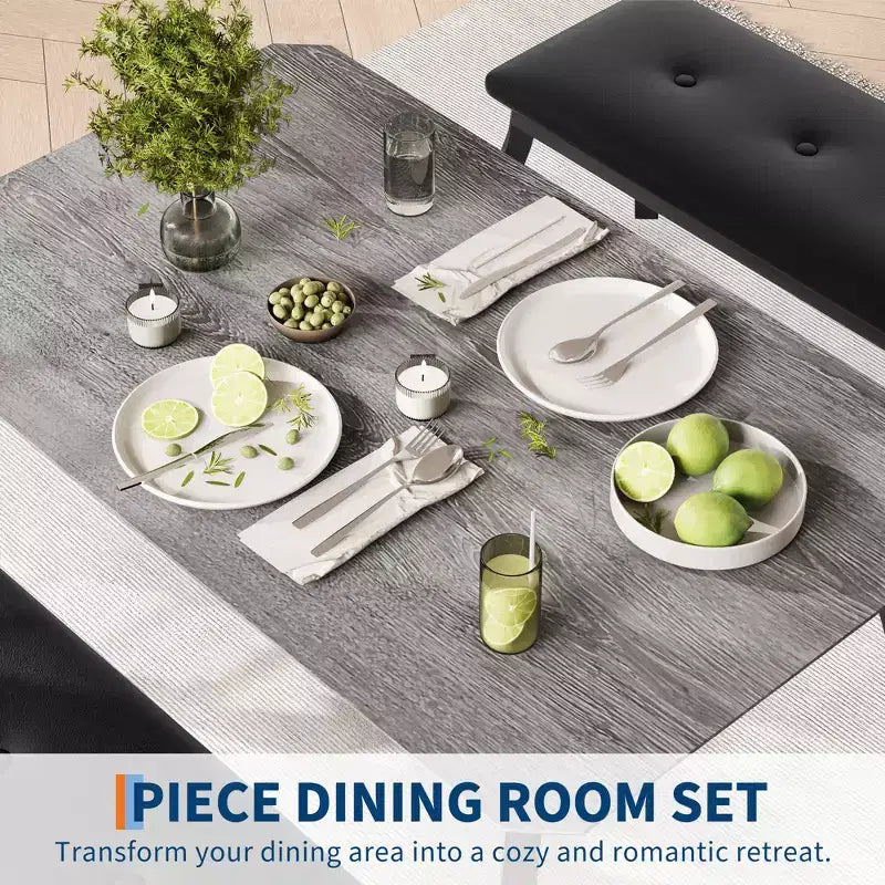 Set da Pranzo 3 Pezzi con 2 Panche, Colore Nero / Grigio / Retro, 4 Posti a Sedere