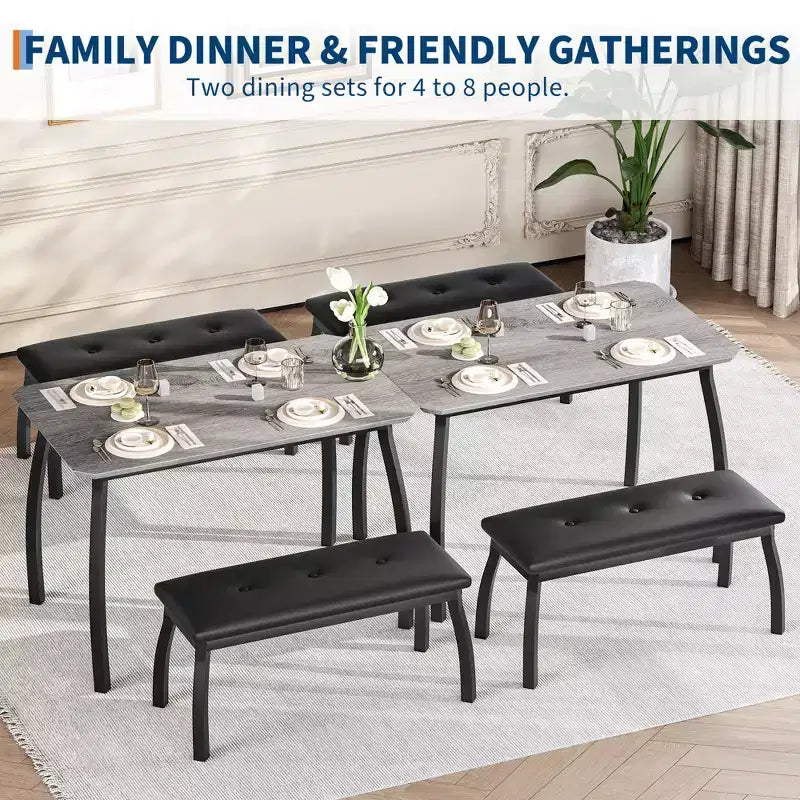 Set da Pranzo 3 Pezzi con 2 Panche, Colore Nero / Grigio / Retro, 4 Posti a Sedere