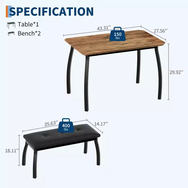 Set da Pranzo 3 Pezzi con 2 Panche, Colore Nero / Grigio / Retro, 4 Posti a Sedere