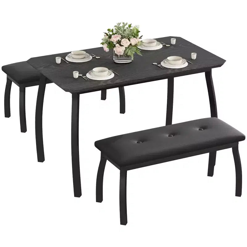 Set da Pranzo 3 Pezzi con 2 Panche, Colore Nero / Grigio / Retro, 4 Posti a Sedere