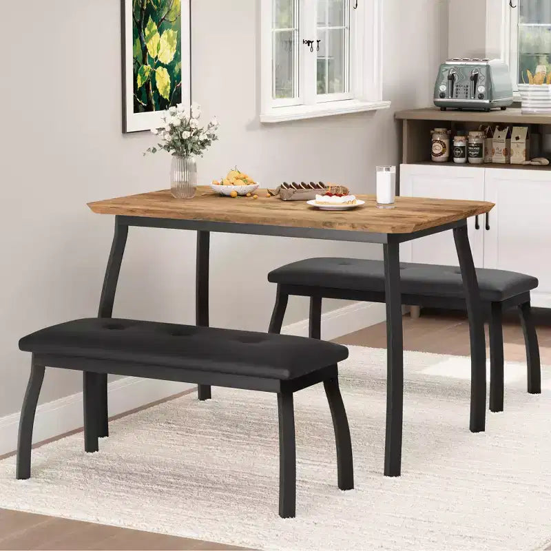 Set da Pranzo 3 Pezzi con 2 Panche, Colore Nero / Grigio / Retro, 4 Posti a Sedere