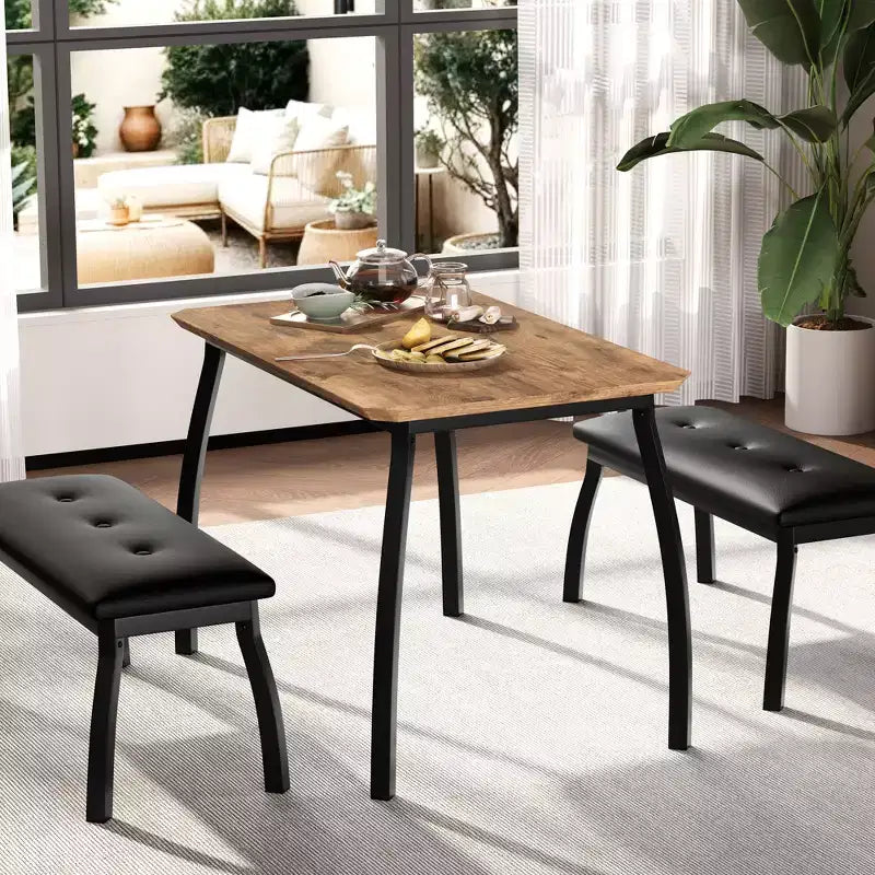 Set da Pranzo 3 Pezzi con 2 Panche, Colore Nero / Grigio / Retro, 4 Posti a Sedere
